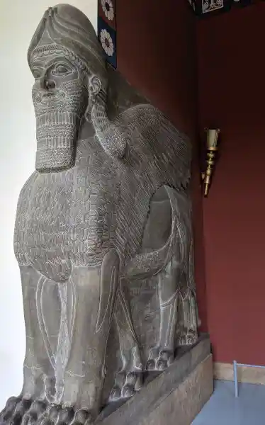 Assyrian lamassu, human head, bull body, eagle wings, located at the Pergamon museum